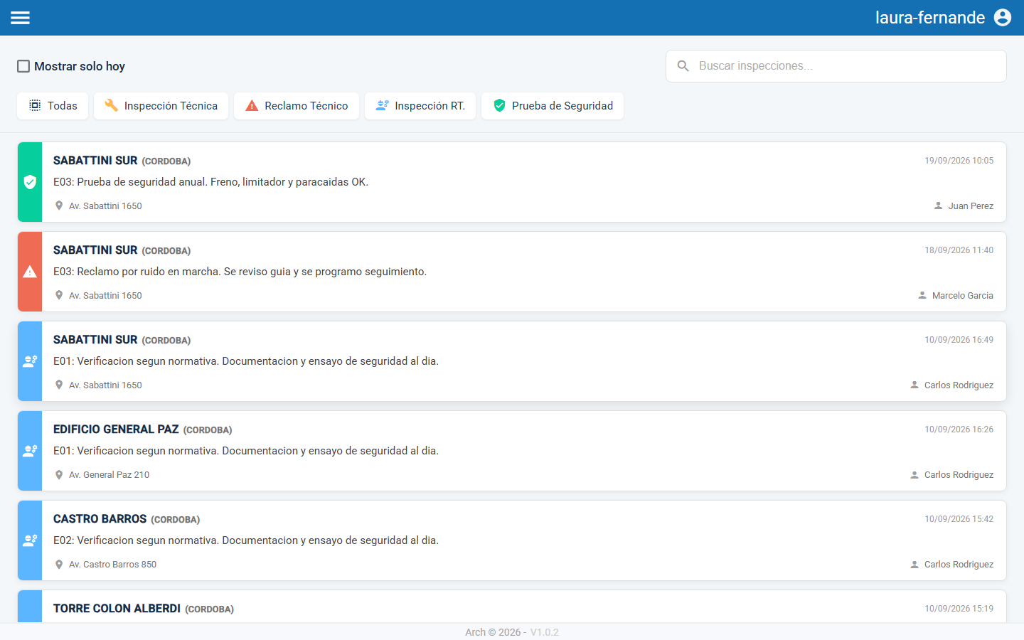 Vista de inspecciones del sistema Arch